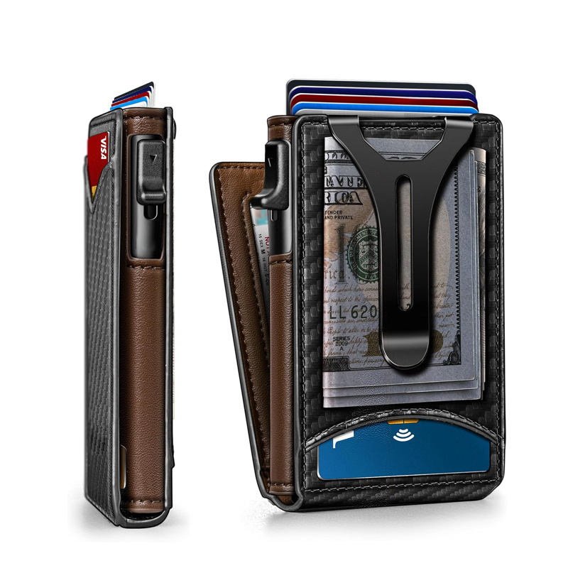 Last Day Sale Wallet - With Pop Up Aluminum Case Money Clip Slim Leather Slots Credit Card Holder RFID Blocking Bifold Minimalist Wallet