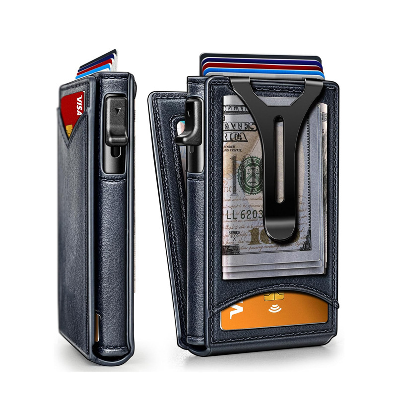Last Day Sale Wallet - With Pop Up Aluminum Case Money Clip Slim Leather Slots Credit Card Holder RFID Blocking Bifold Minimalist Wallet
