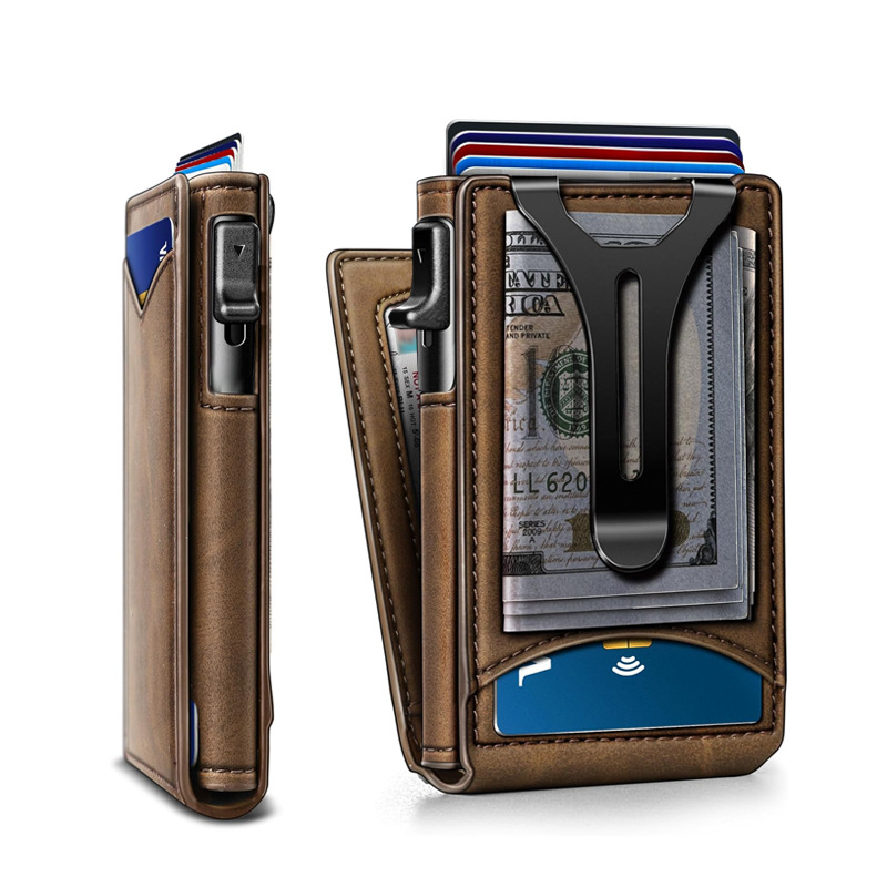 Last Day Sale Wallet - With Pop Up Aluminum Case Money Clip Slim Leather Slots Credit Card Holder RFID Blocking Bifold Minimalist Wallet