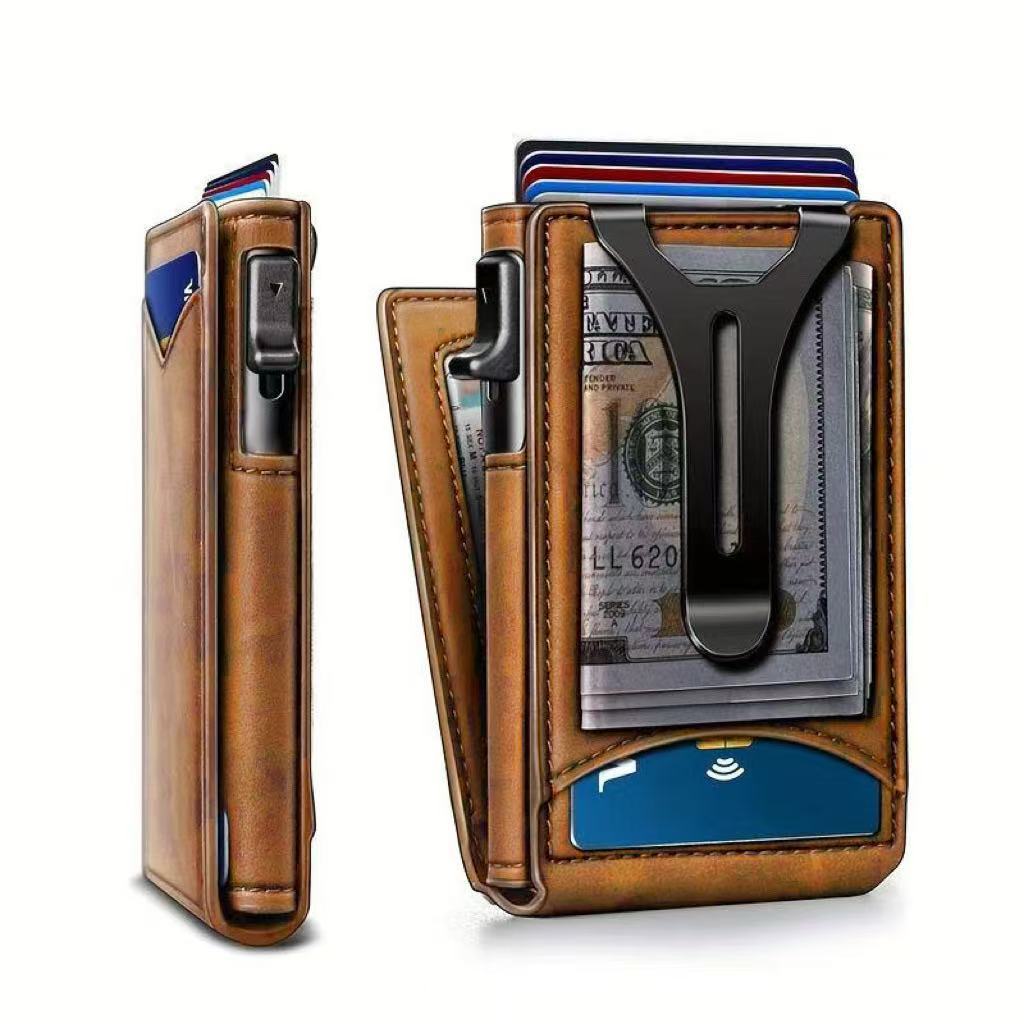 Last Day Sale Wallet - With Pop Up Aluminum Case Money Clip Slim Leather Slots Credit Card Holder RFID Blocking Bifold Minimalist Wallet