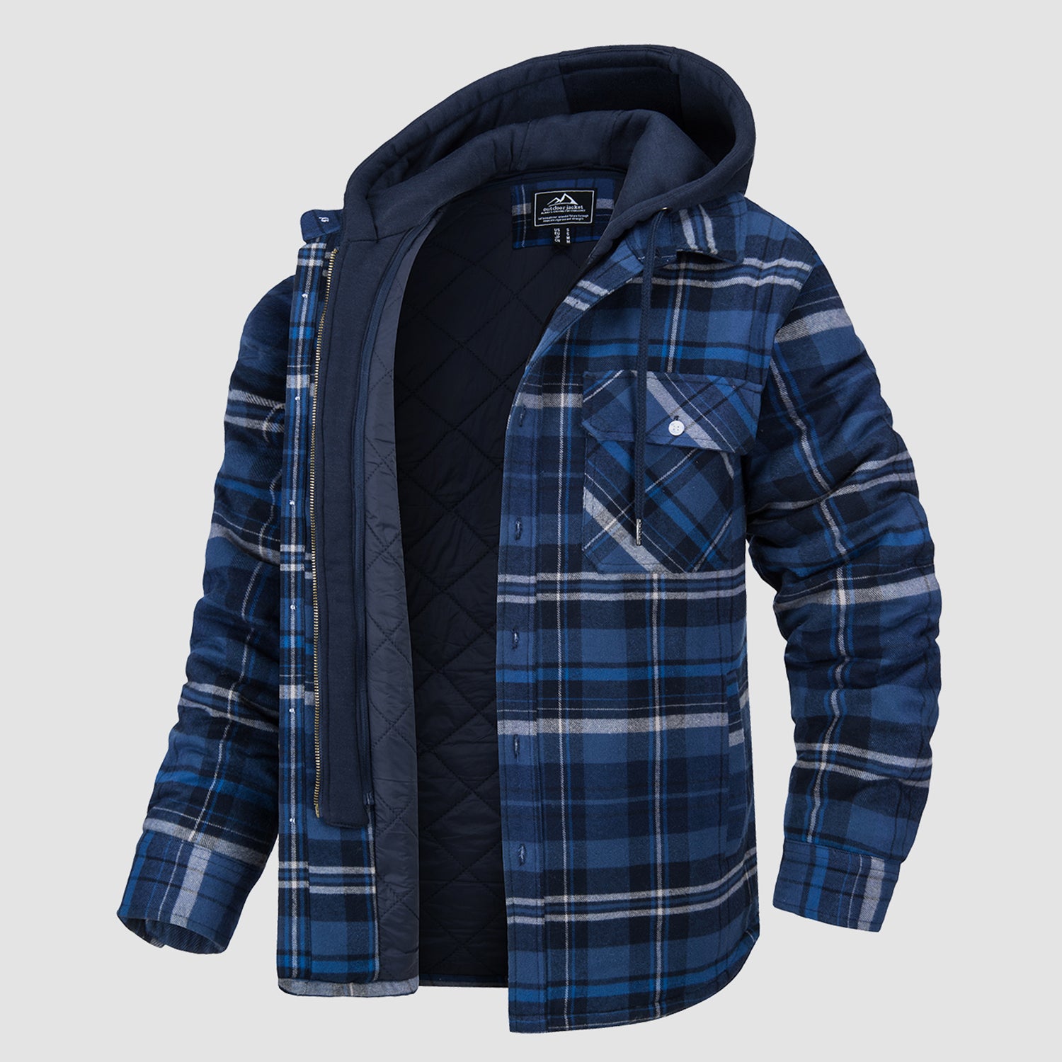 Men's Flannel Jacket with Removable Hood 5 Pockets Quilted Plaid Shirt Jackets Winter Coats Thick Flannel Hoodie