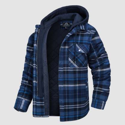 Men's Flannel Jacket with Removable Hood 5 Pockets Quilted Plaid Shirt Jackets Winter Coats Thick Flannel Hoodie
