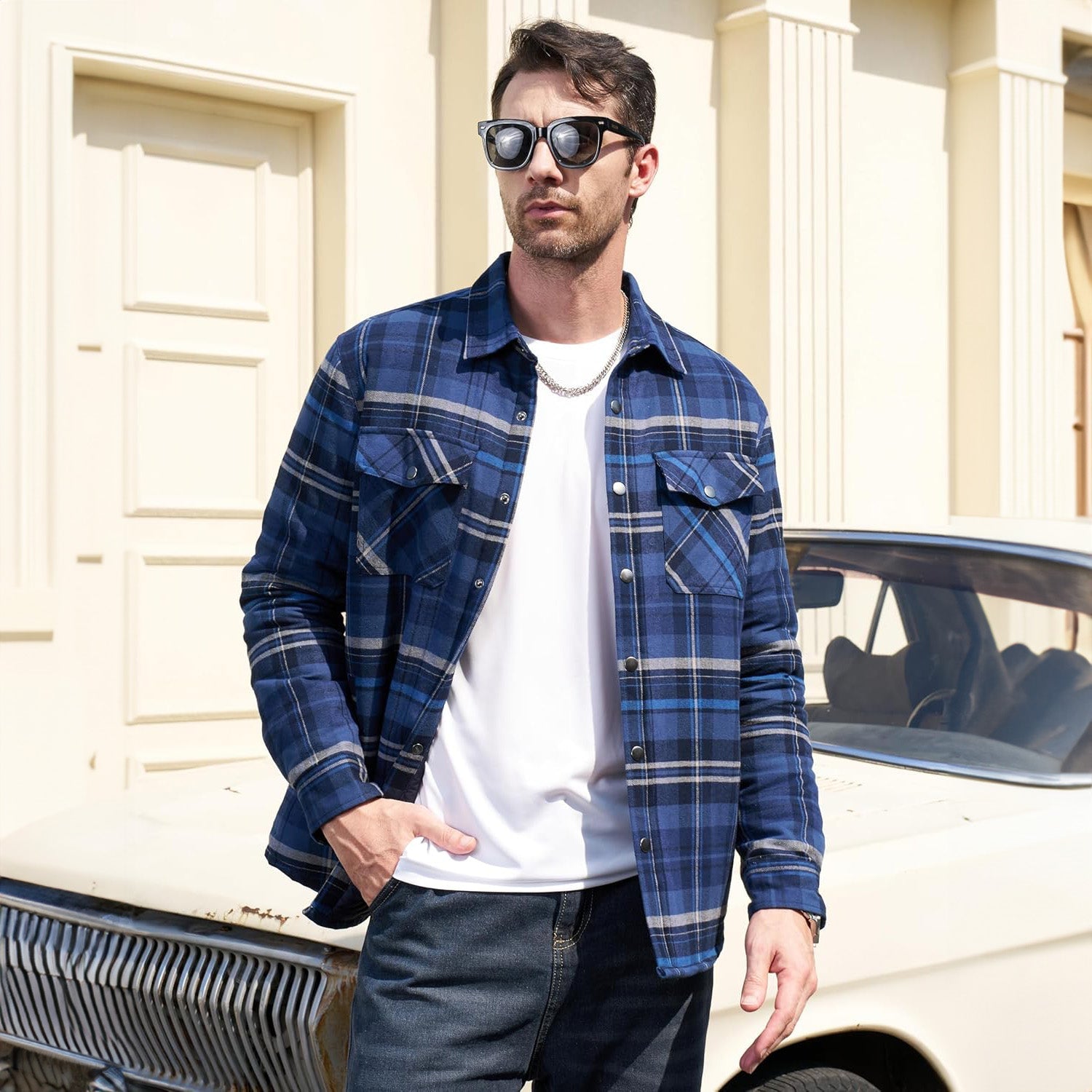 Men's Winter Padded Jacket - Warm Quilted Flannel Shirt Jacket with 5 Pockets for Outdoor and Casual Use
