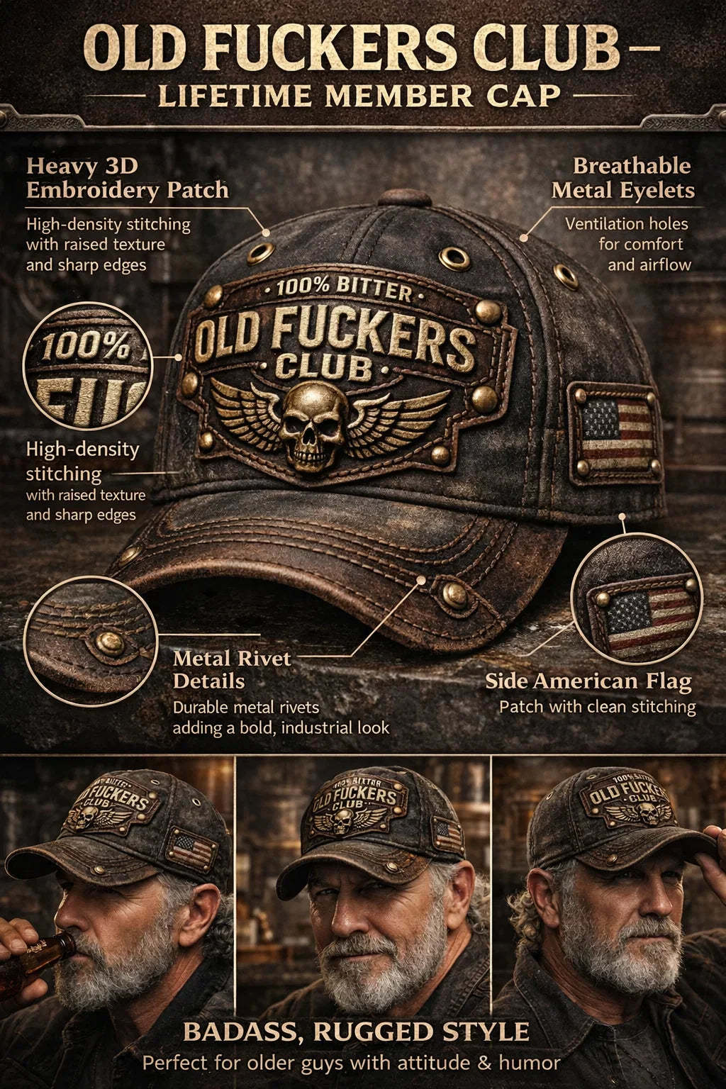 🏆Flash Sale 60% OFF  - ❤️Old Fuckers Club-Handmade Vintage Baseball Cap🎁-BUY 3 FREE SHIPPING
