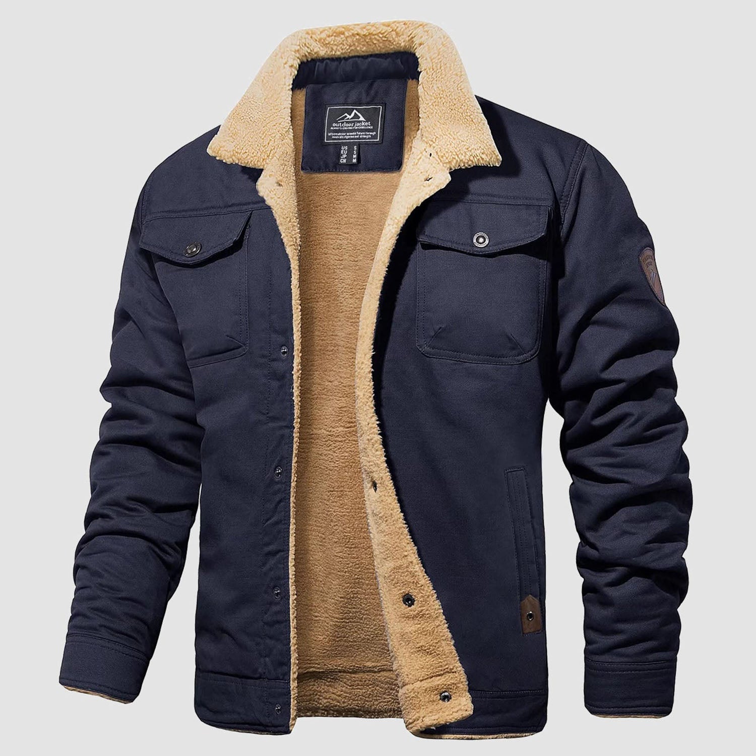 Men's Lined Sherpa Jacket - Warm Multi Pocket Trucker Coat