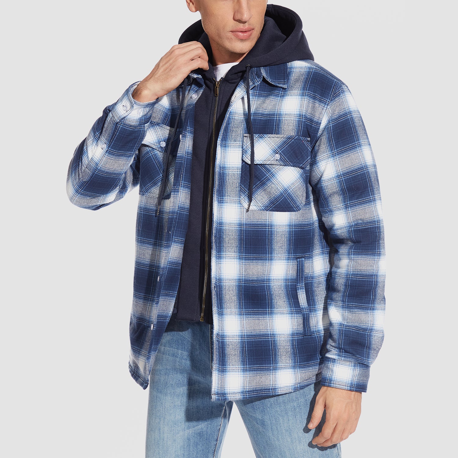Men's Flannel Jacket with Removable Hood 5 Pockets Quilted Plaid Shirt Jackets Winter Coats Thick Flannel Hoodie