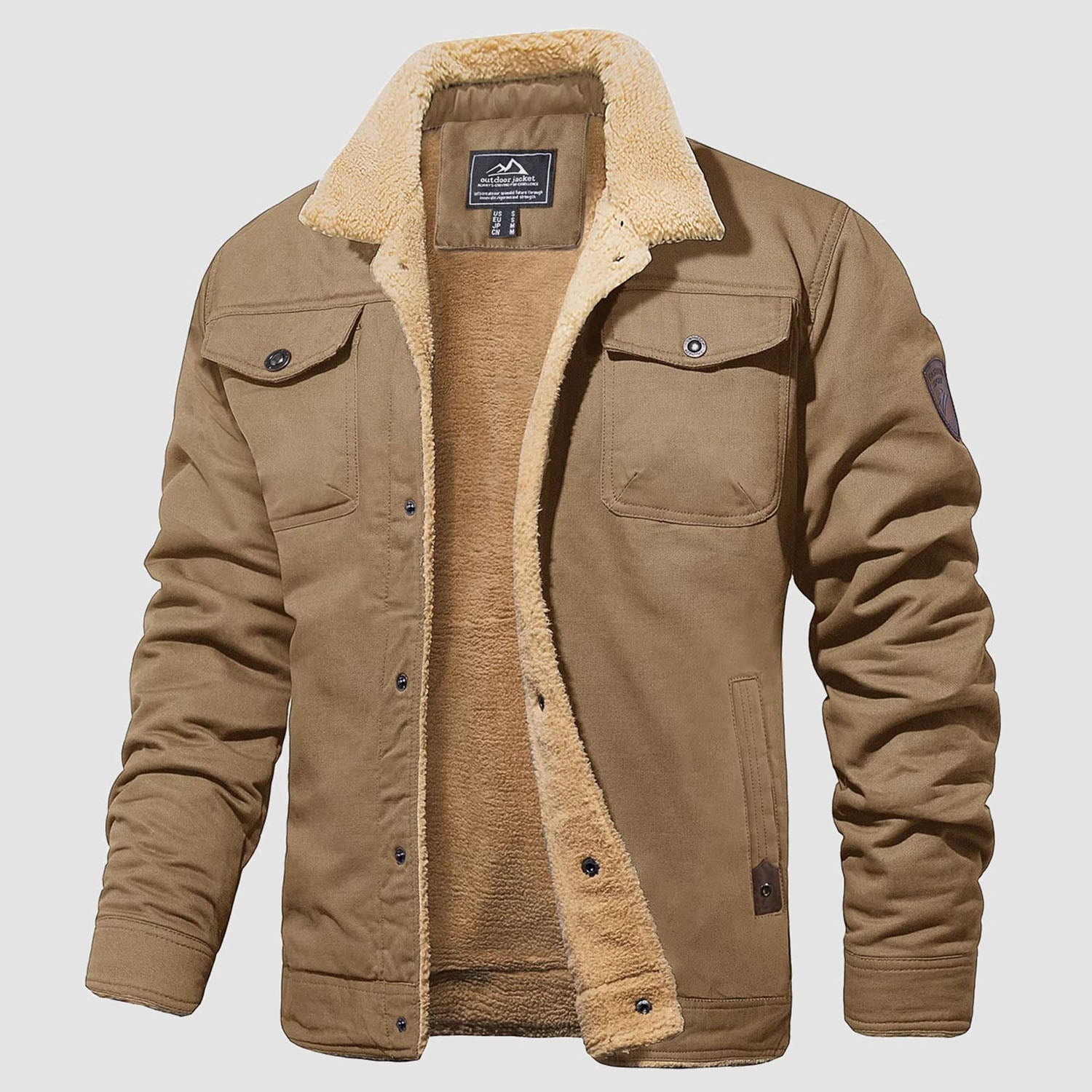Men's Lined Sherpa Jacket - Warm Multi Pocket Trucker Coat