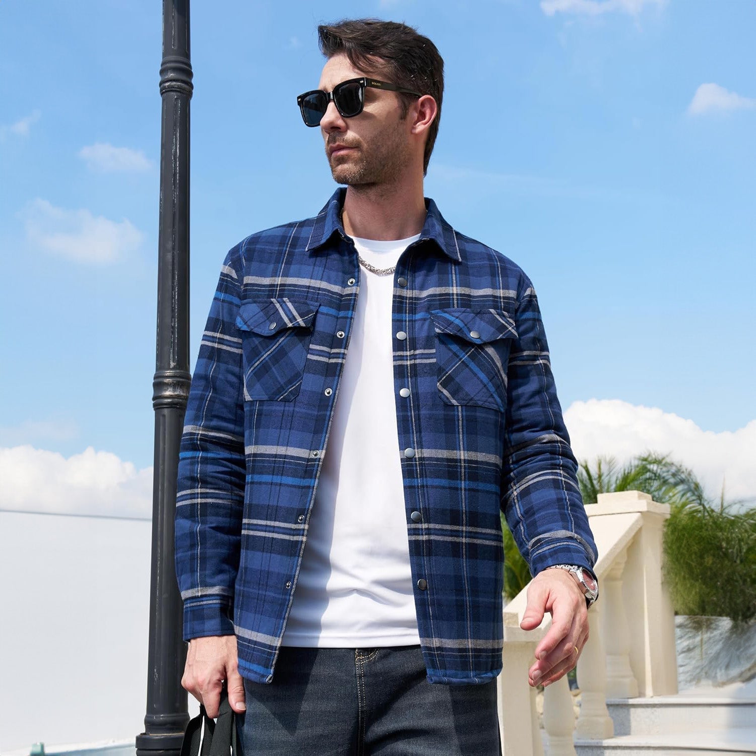 Men's Winter Padded Jacket - Warm Quilted Flannel Shirt Jacket with 5 Pockets for Outdoor and Casual Use