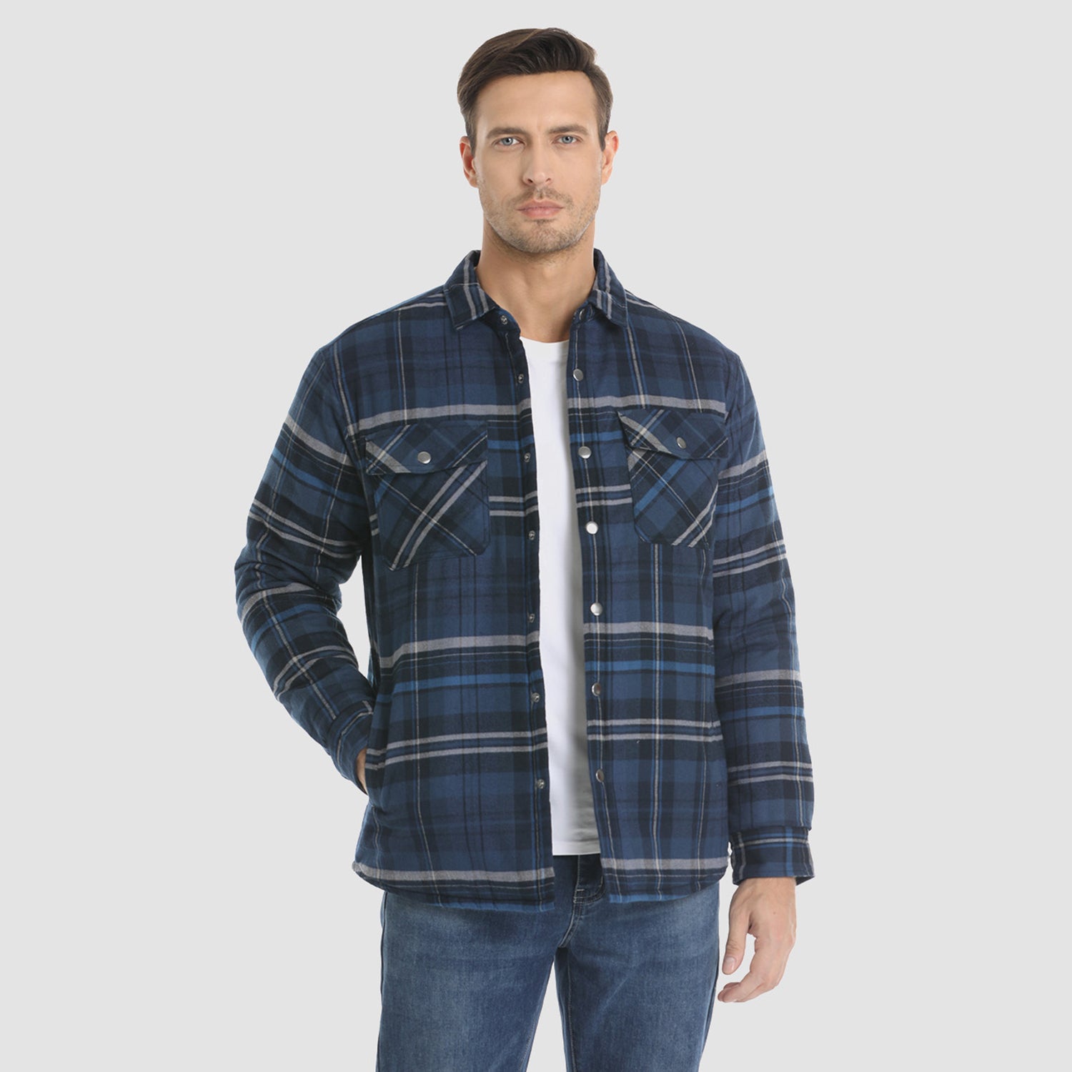 Men's Winter Padded Jacket - Warm Quilted Flannel Shirt Jacket with 5 Pockets for Outdoor and Casual Use