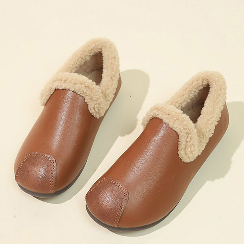 🔥LAST DAY 50% OFF - Women's Plush Round Toe Slip-on Waterproof Genuine Leather Orthopedic Shoes