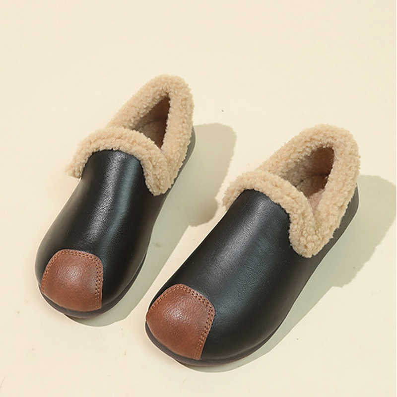 🔥LAST DAY 50% OFF - Women's Plush Round Toe Slip-on Waterproof Genuine Leather Orthopedic Shoes