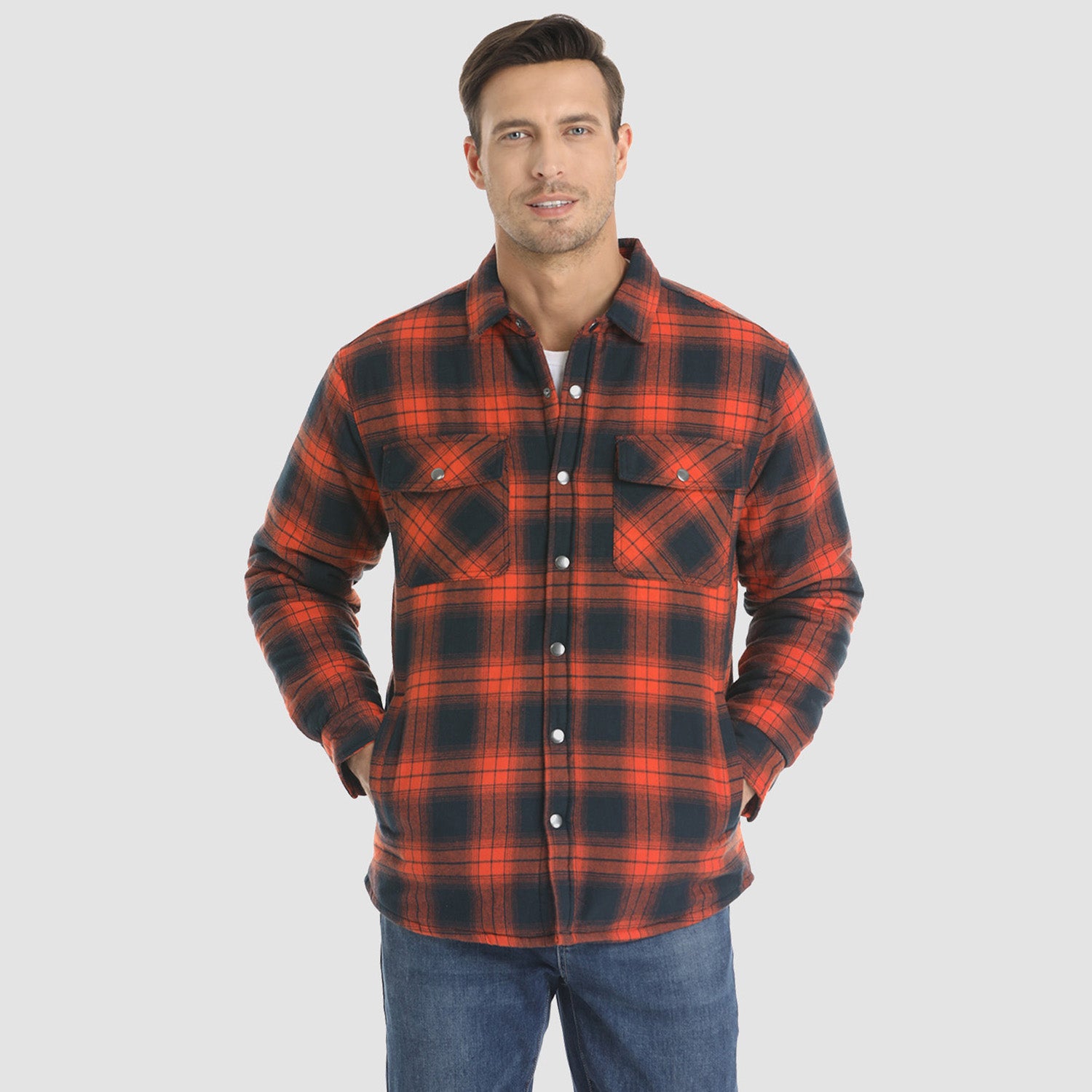 Men's Winter Padded Jacket - Warm Quilted Flannel Shirt Jacket with 5 Pockets for Outdoor and Casual Use