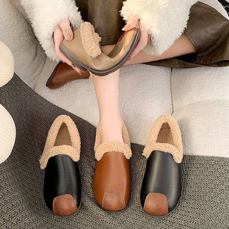 🔥LAST DAY 50% OFF - Women's Plush Round Toe Slip-on Waterproof Genuine Leather Orthopedic Shoes