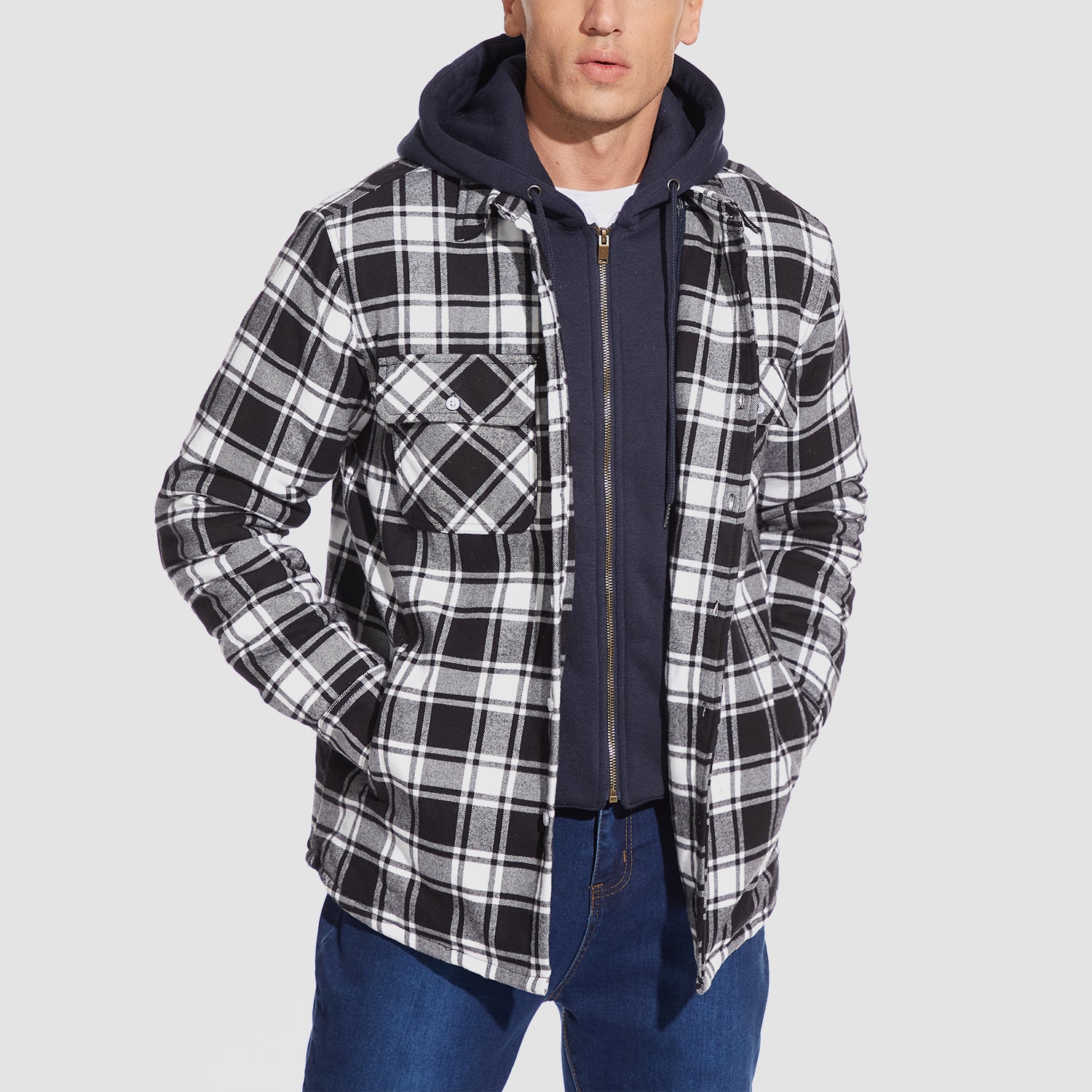 Men's Flannel Jacket with Removable Hood 5 Pockets Quilted Plaid Shirt Jackets Winter Coats Thick Flannel Hoodie