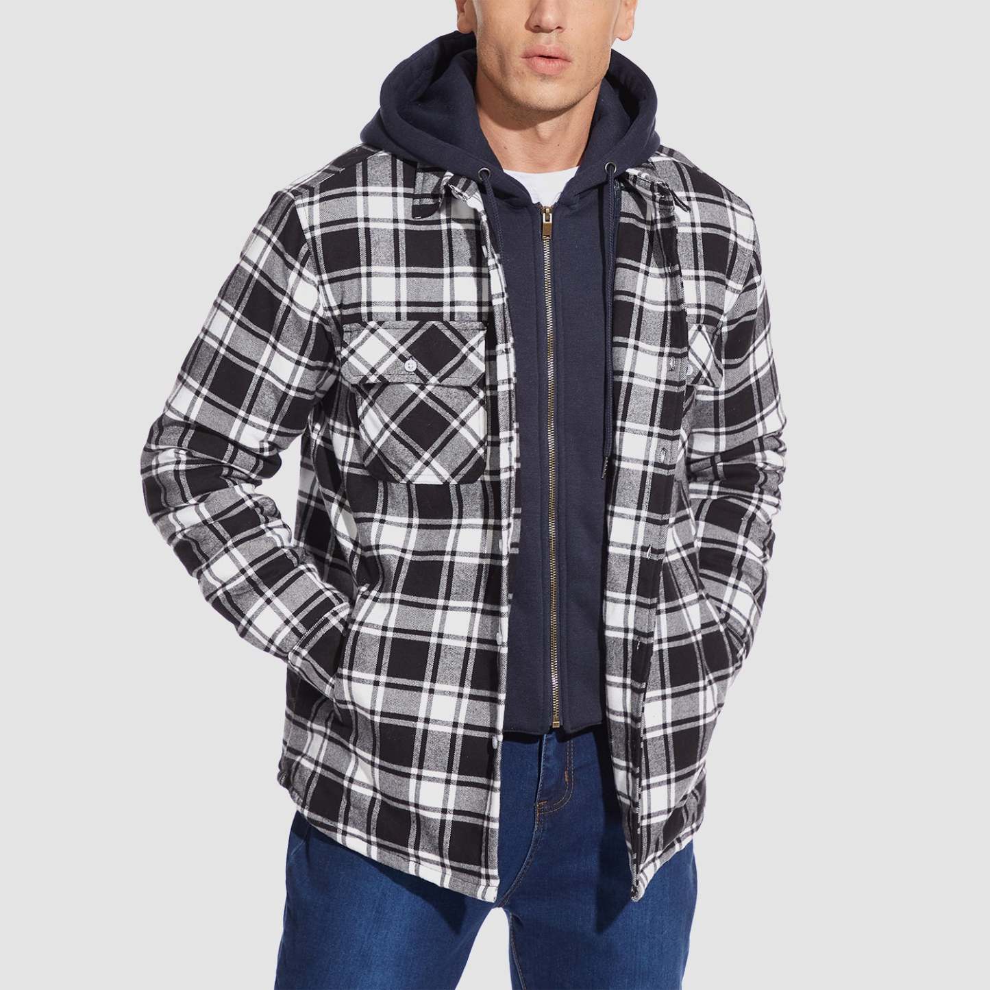 Men's Flannel Jacket with Removable Hood 5 Pockets Quilted Plaid Shirt Jackets Winter Coats Thick Flannel Hoodie