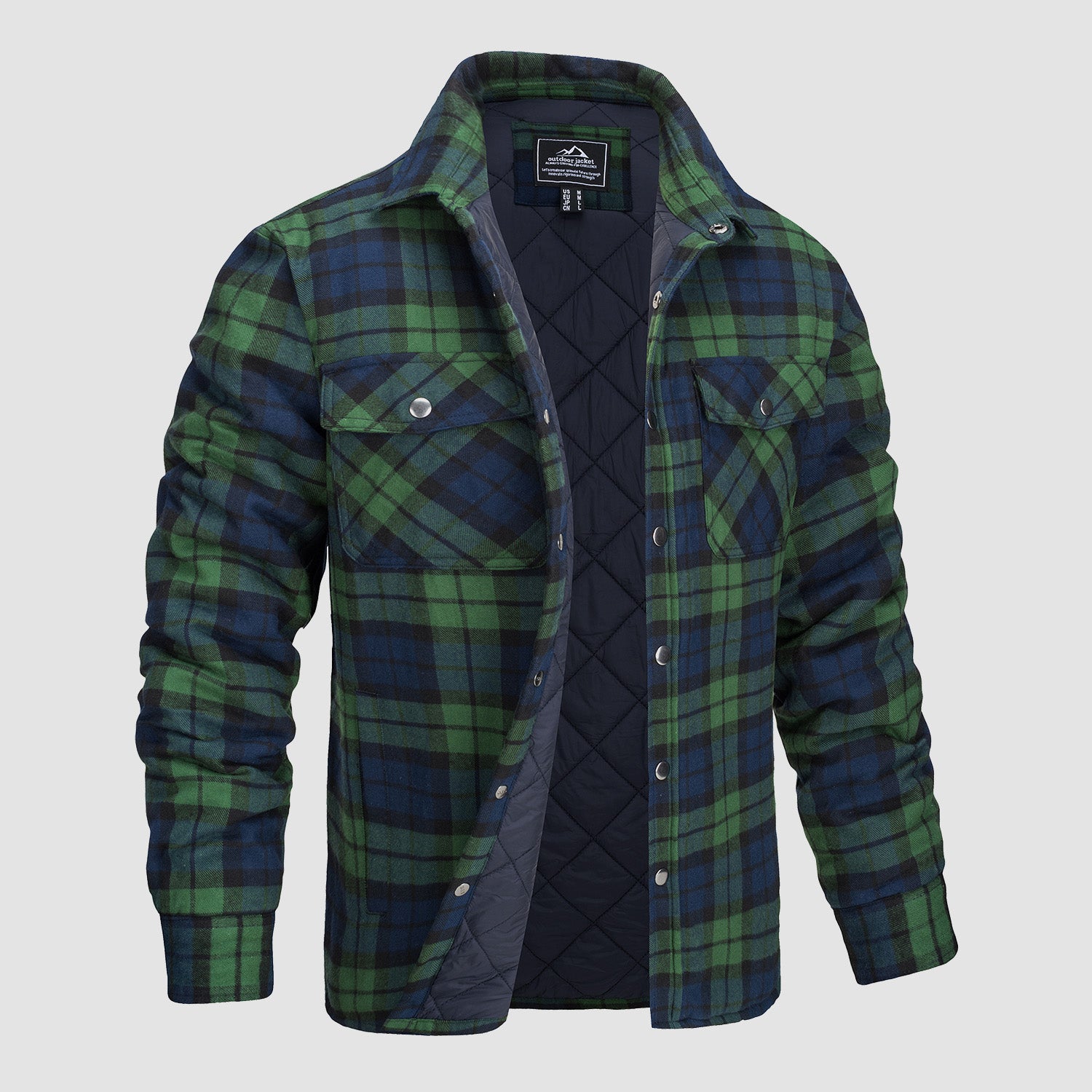 Men's Winter Padded Jacket - Warm Quilted Flannel Shirt Jacket with 5 Pockets for Outdoor and Casual Use