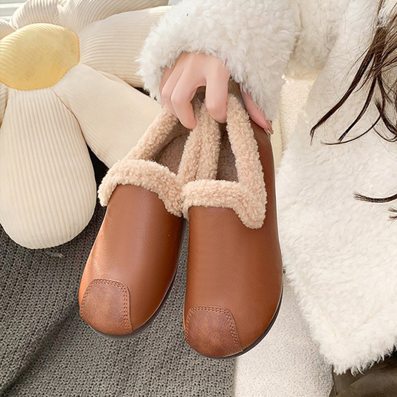 🔥LAST DAY 50% OFF - Women's Plush Round Toe Slip-on Waterproof Genuine Leather Orthopedic Shoes