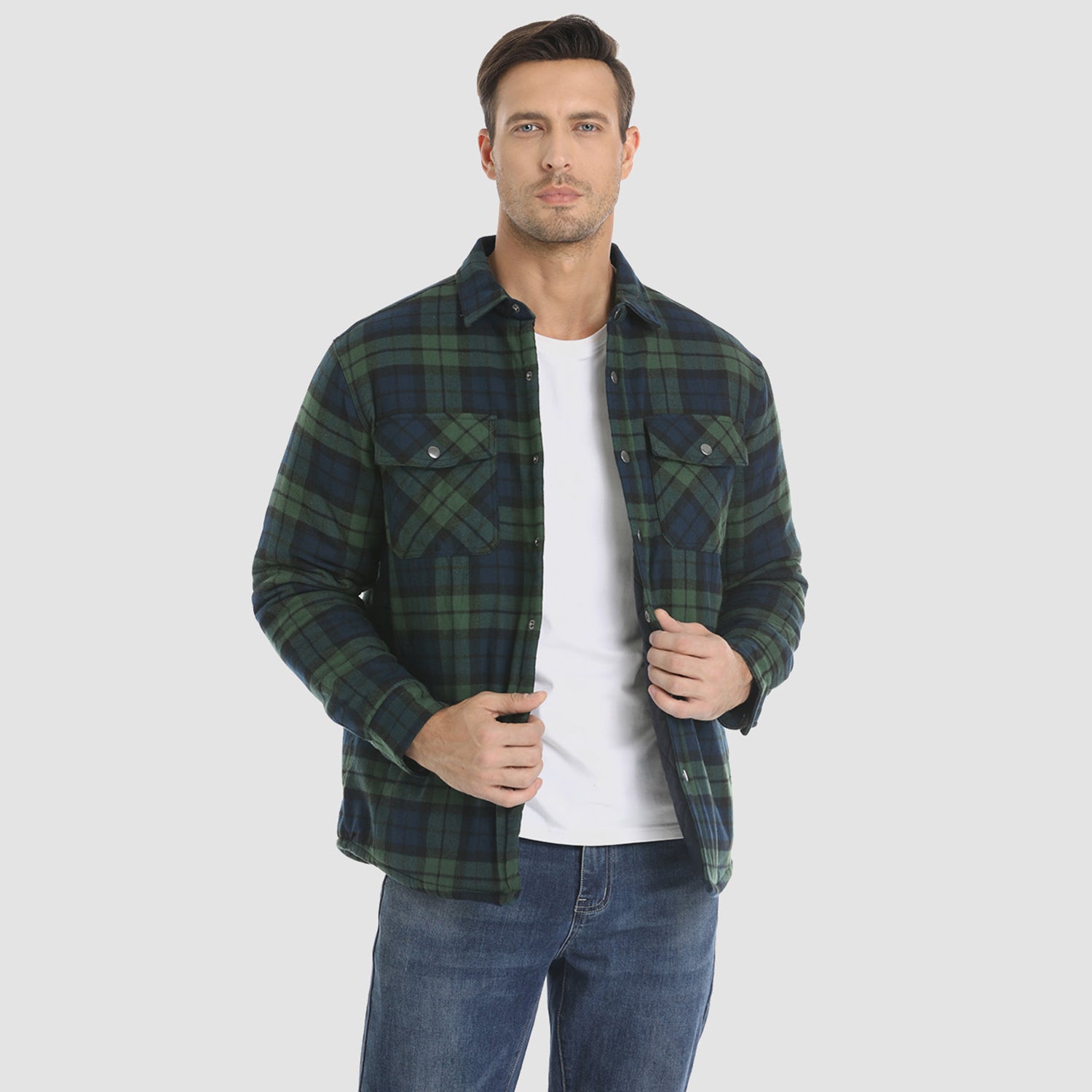 Men's Winter Padded Jacket - Warm Quilted Flannel Shirt Jacket with 5 Pockets for Outdoor and Casual Use