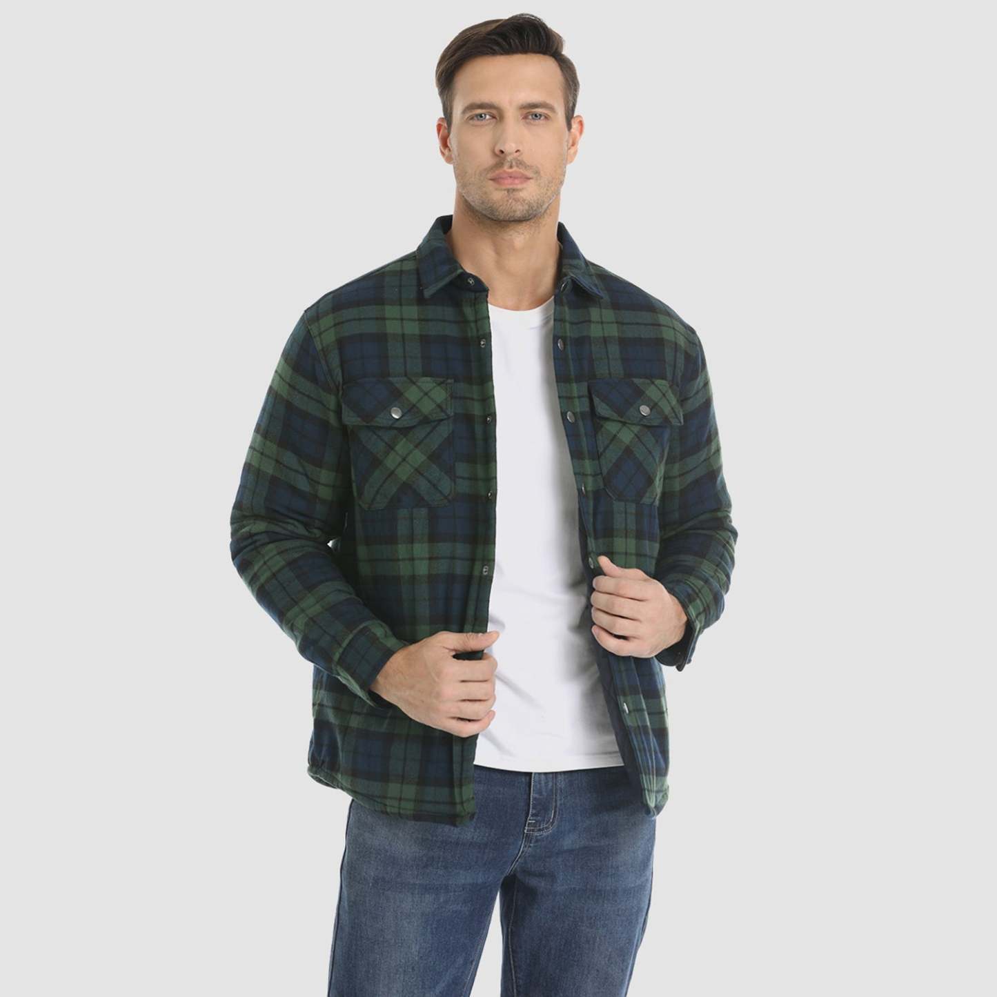 Men's Winter Padded Jacket - Warm Quilted Flannel Shirt Jacket with 5 Pockets for Outdoor and Casual Use
