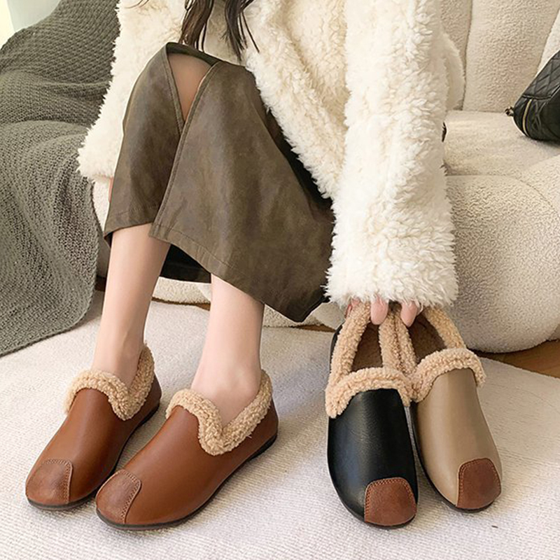 🔥LAST DAY 50% OFF - Women's Plush Round Toe Slip-on Waterproof Genuine Leather Orthopedic Shoes