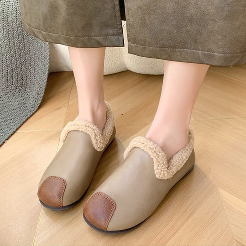 🔥LAST DAY 50% OFF - Women's Plush Round Toe Slip-on Waterproof Genuine Leather Orthopedic Shoes