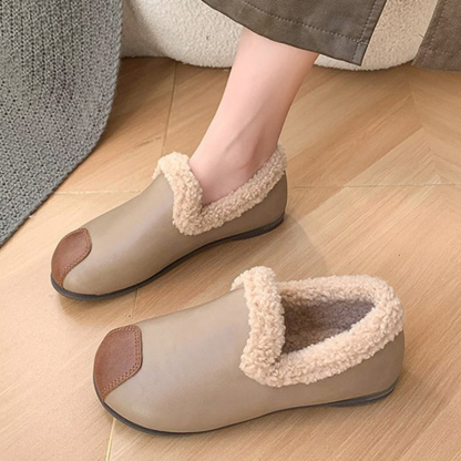 🔥LAST DAY 50% OFF - Women's Plush Round Toe Slip-on Waterproof Genuine Leather Orthopedic Shoes