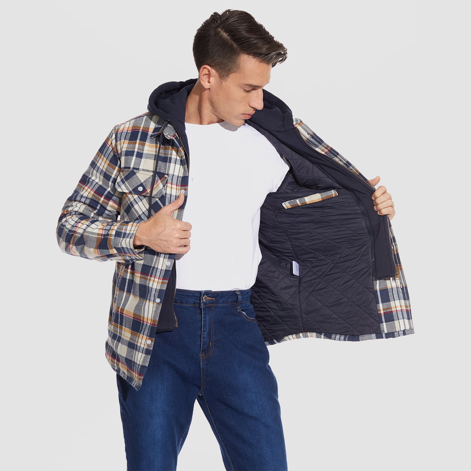 Men's Flannel Jacket with Removable Hood 5 Pockets Quilted Plaid Shirt Jackets Winter Coats Thick Flannel Hoodie