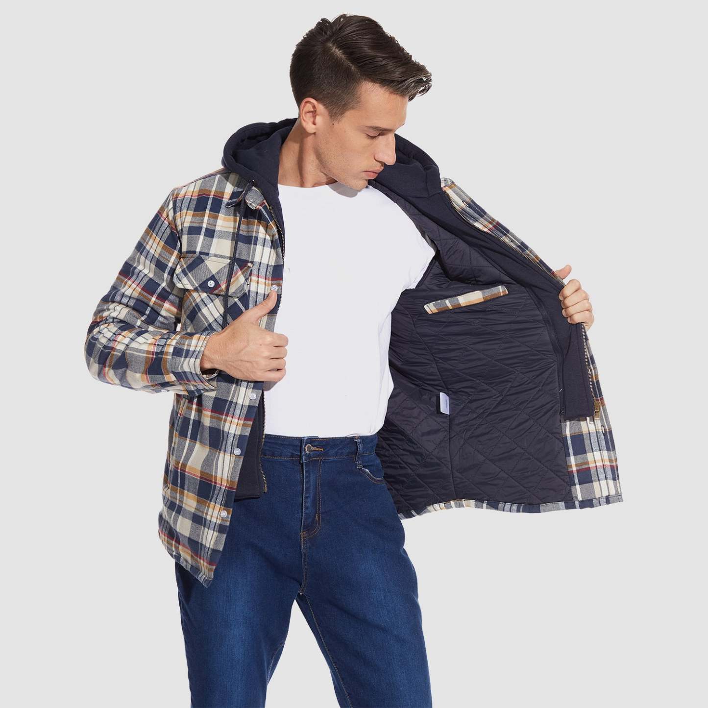 Men's Flannel Jacket with Removable Hood 5 Pockets Quilted Plaid Shirt Jackets Winter Coats Thick Flannel Hoodie