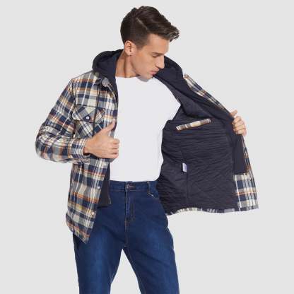 Men's Flannel Jacket with Removable Hood 5 Pockets Quilted Plaid Shirt Jackets Winter Coats Thick Flannel Hoodie