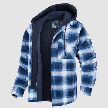 Men's Flannel Jacket with Removable Hood 5 Pockets Quilted Plaid Shirt Jackets Winter Coats Thick Flannel Hoodie