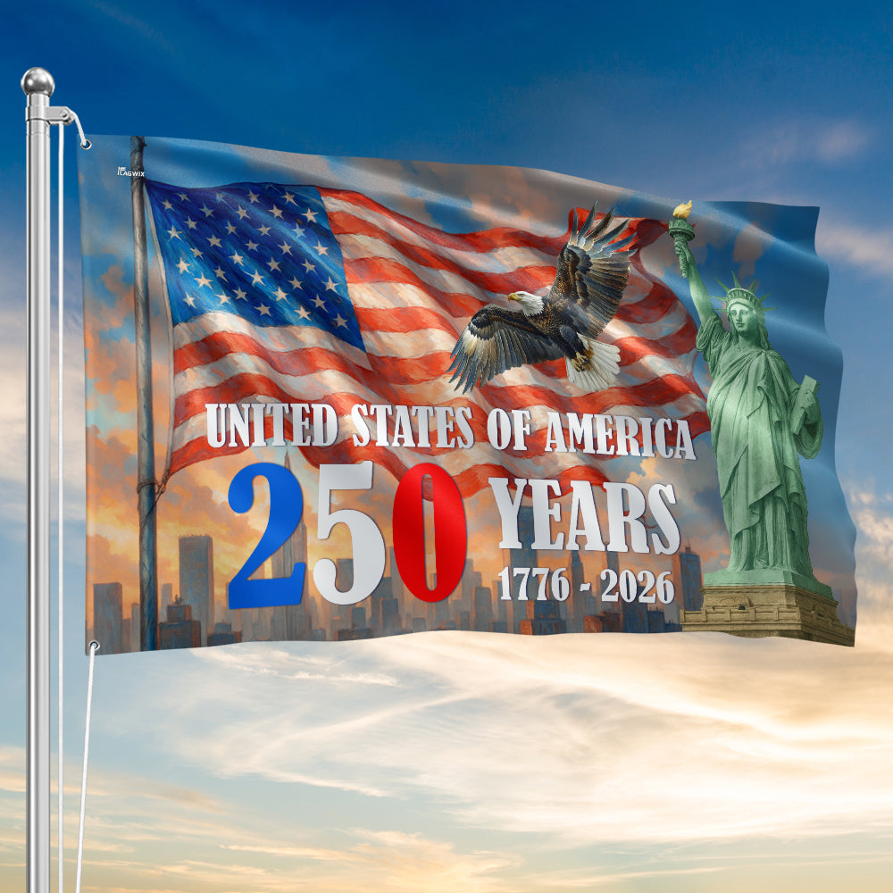 American Flag - 250th Anniversary Patriotic Canvas Flag with Eagle & Statue of Liberty for 4th of July
