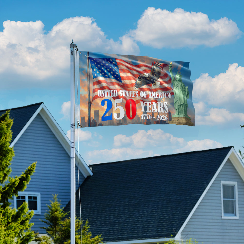 American Flag - 250th Anniversary Patriotic Canvas Flag with Eagle & Statue of Liberty for 4th of July