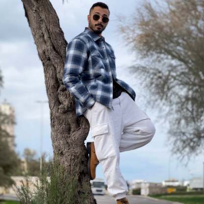 Men's Winter Padded Jacket - Warm Quilted Flannel Shirt Jacket with 5 Pockets for Outdoor and Casual Use