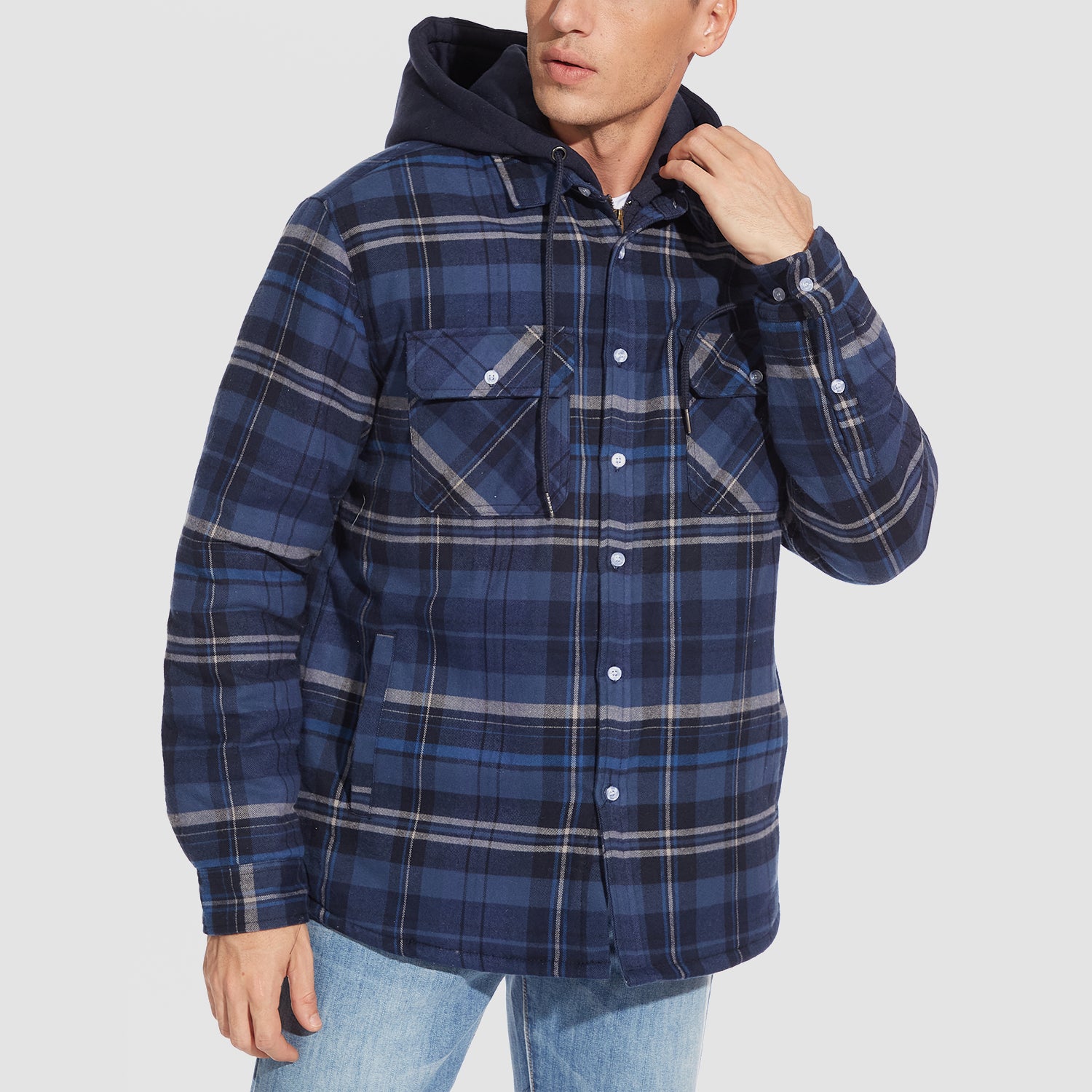 Men's Flannel Jacket with Removable Hood 5 Pockets Quilted Plaid Shirt Jackets Winter Coats Thick Flannel Hoodie