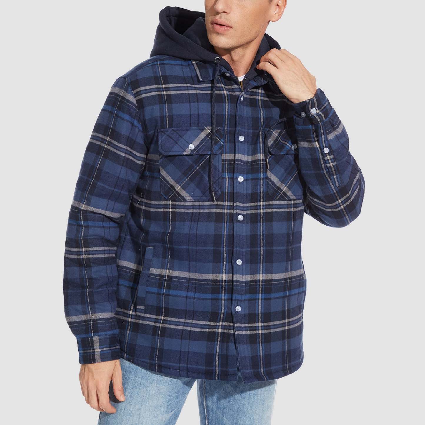 Men's Flannel Jacket with Removable Hood 5 Pockets Quilted Plaid Shirt Jackets Winter Coats Thick Flannel Hoodie