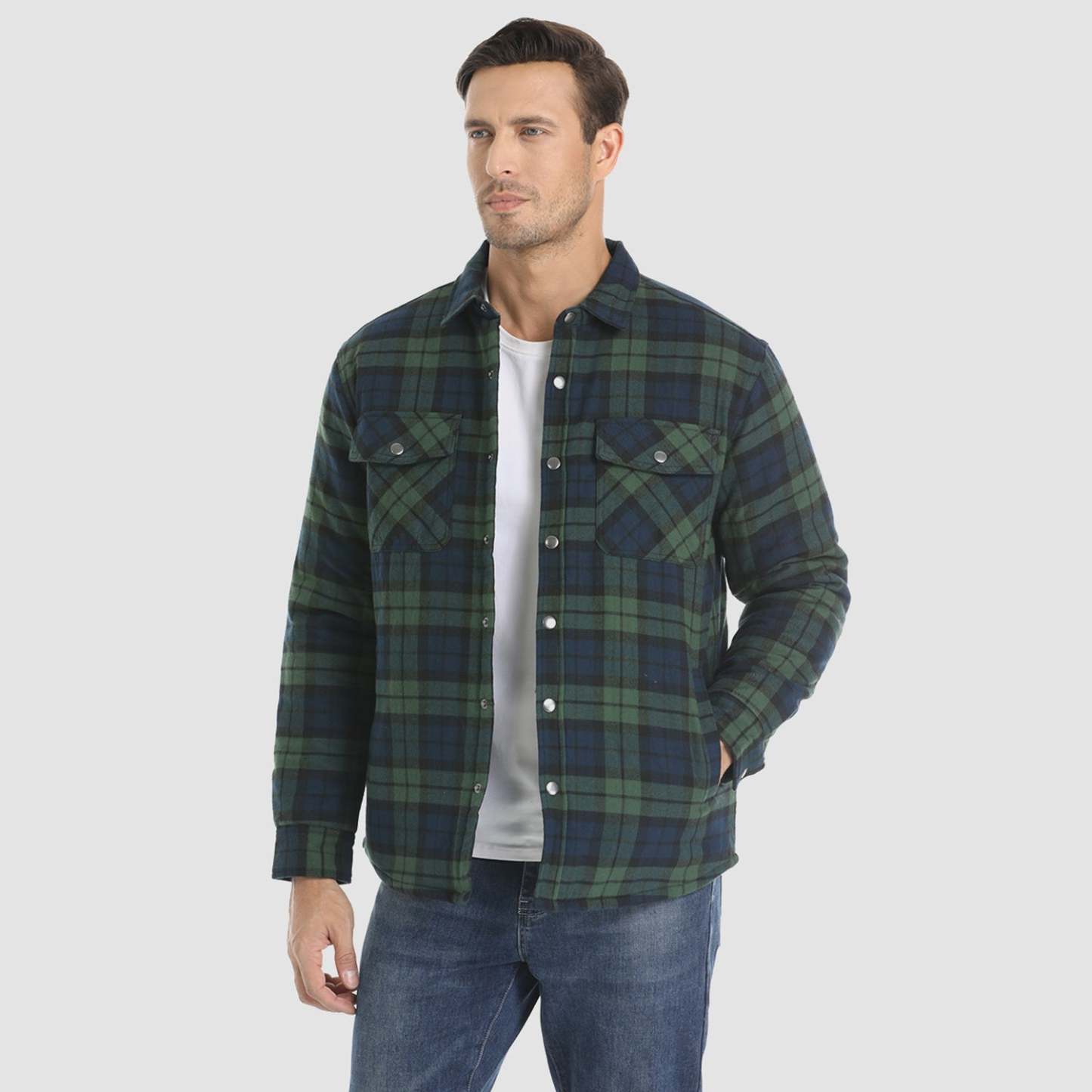 Men's Winter Padded Jacket - Warm Quilted Flannel Shirt Jacket with 5 Pockets for Outdoor and Casual Use