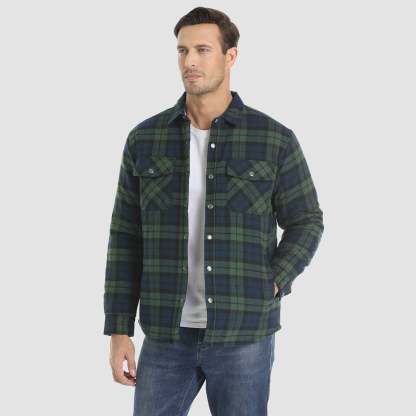 Men's Winter Padded Jacket - Warm Quilted Flannel Shirt Jacket with 5 Pockets for Outdoor and Casual Use
