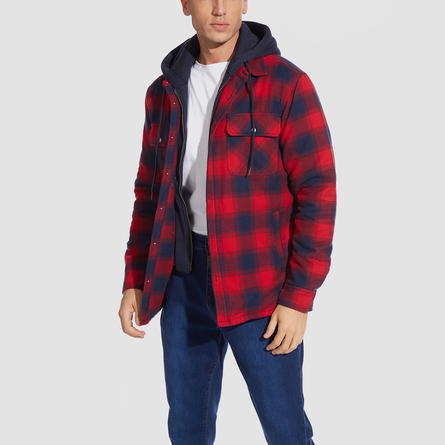 Men's Flannel Jacket with Removable Hood 5 Pockets Quilted Plaid Shirt Jackets Winter Coats Thick Flannel Hoodie