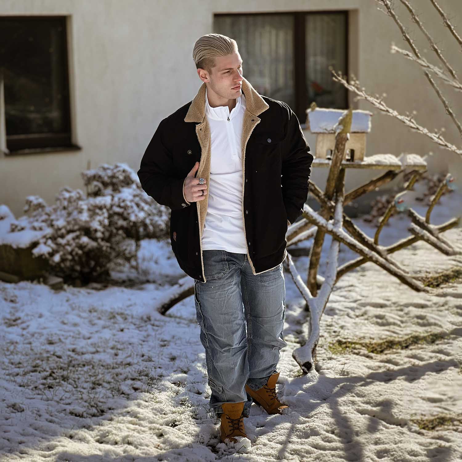 Men's Lined Sherpa Jacket - Warm Multi Pocket Trucker Coat