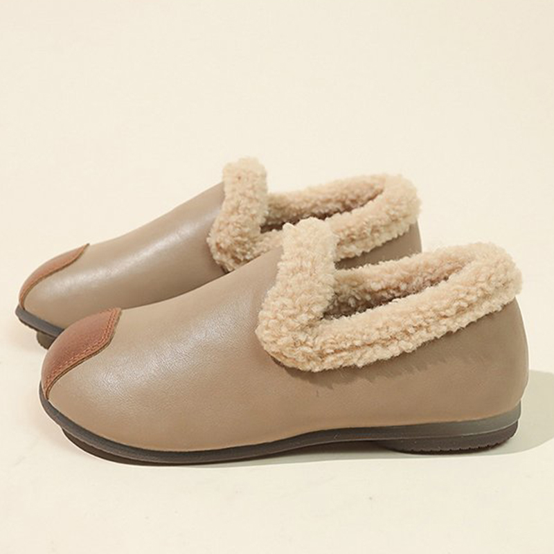 🔥LAST DAY 50% OFF - Women's Plush Round Toe Slip-on Waterproof Genuine Leather Orthopedic Shoes