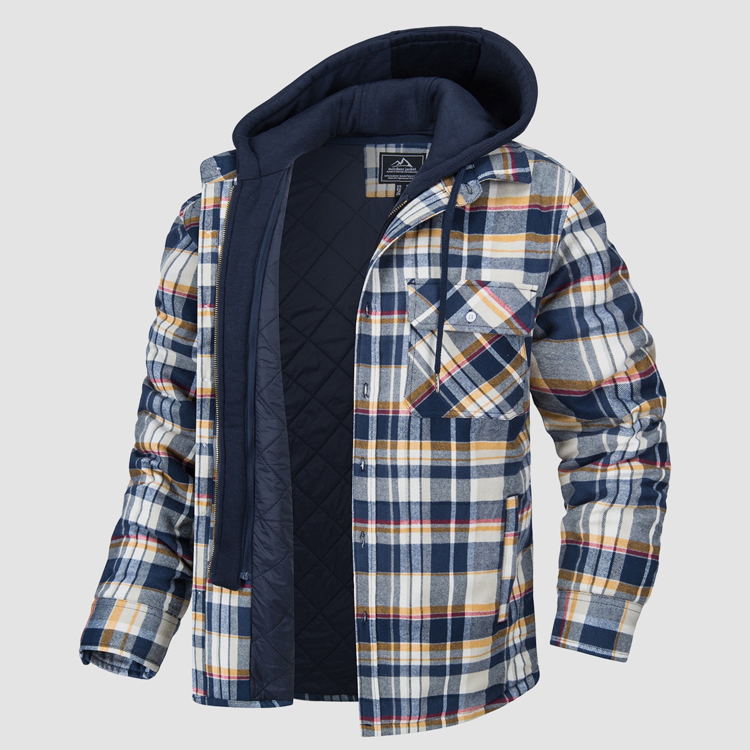 Men's Flannel Jacket with Removable Hood 5 Pockets Quilted Plaid Shirt Jackets Winter Coats Thick Flannel Hoodie
