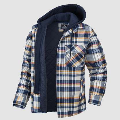 Men's Flannel Jacket with Removable Hood 5 Pockets Quilted Plaid Shirt Jackets Winter Coats Thick Flannel Hoodie