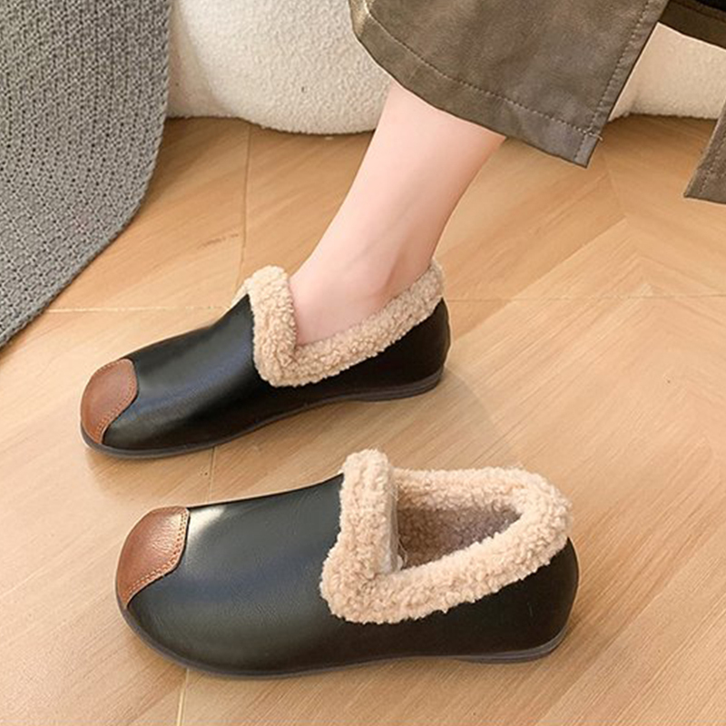 🔥LAST DAY 50% OFF - Women's Plush Round Toe Slip-on Waterproof Genuine Leather Orthopedic Shoes