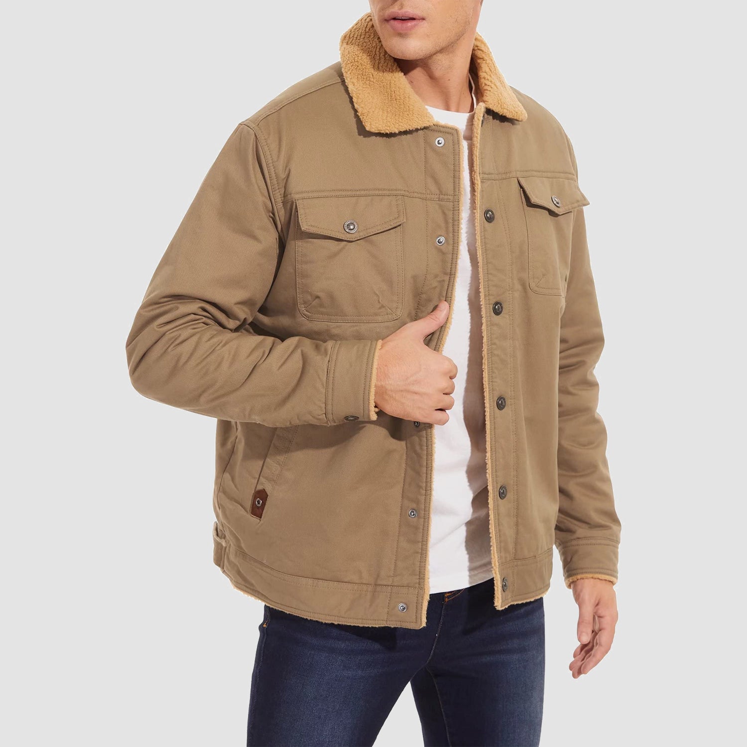Men's Lined Sherpa Jacket - Warm Multi Pocket Trucker Coat
