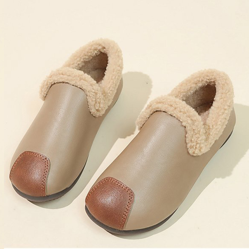 🔥LAST DAY 50% OFF - Women's Plush Round Toe Slip-on Waterproof Genuine Leather Orthopedic Shoes