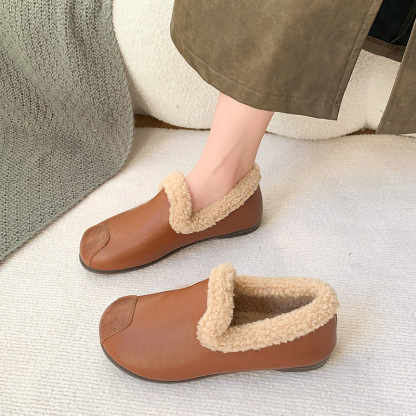 🔥LAST DAY 50% OFF - Women's Plush Round Toe Slip-on Waterproof Genuine Leather Orthopedic Shoes