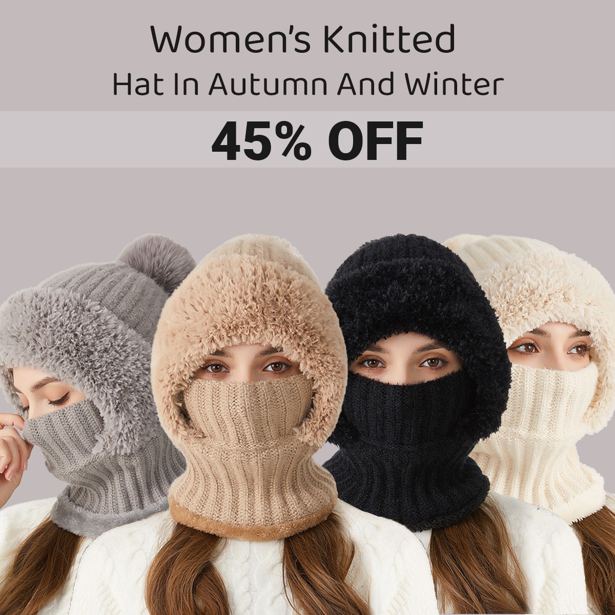 🎄Christmas Sale 50% OFF⛄️Women’s Thermal Knit Hood – Fleece-Lined Winter Hat, Neck Warmer & Face Cover Combo