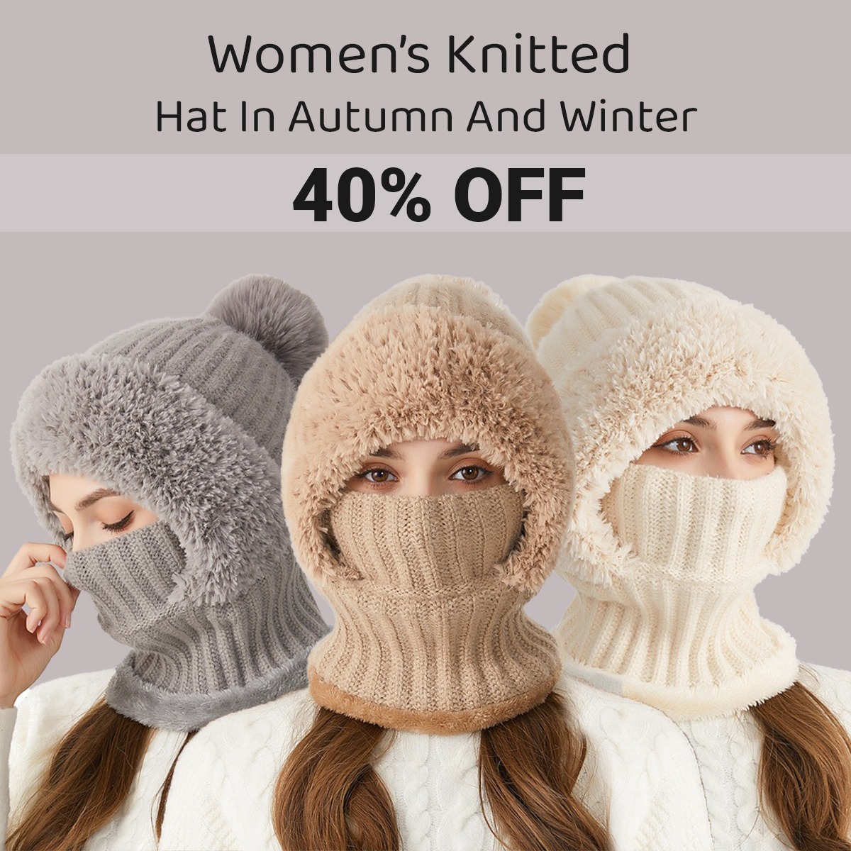 🎄Christmas Sale 50% OFF⛄️Women’s Thermal Knit Hood – Fleece-Lined Winter Hat, Neck Warmer & Face Cover Combo