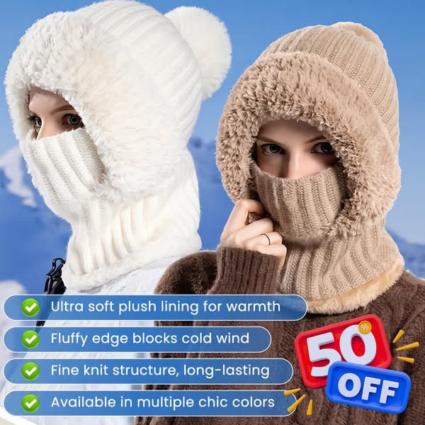 🎄Christmas Sale 50% OFF⛄️Women’s Thermal Knit Hood – Fleece-Lined Winter Hat, Neck Warmer & Face Cover Combo