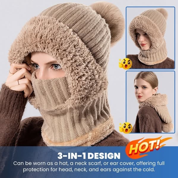 🎄Christmas Sale 50% OFF⛄️Women’s Thermal Knit Hood – Fleece-Lined Winter Hat, Neck Warmer & Face Cover Combo
